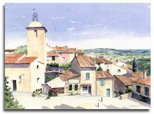 Print of watercolour painting of Ramatuelle, France, by artist Lesley Olver