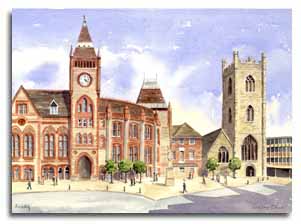 Print of watercolour painting of Reading, by artist Lesley Olver