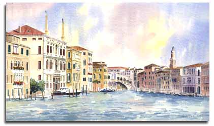Print of warecolour painting of The Rialto Bridge, by artist Lesley Olver