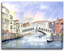 Reproduction d'une aquarelle du pont du Rialto,  Venise, ralise par l'artiste Lesley Olver