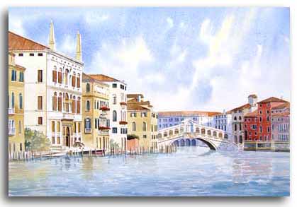 Original watercolour painting of the Rialto Bridge, Venice, by artist Lesley Olver