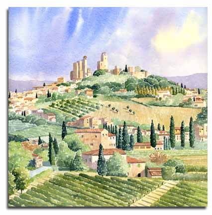 Reproduction d'une aquarelle de San Gimignano, ralise par l'artiste Lesley Olver