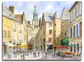 Reproduction d'une aquarelle de Sarlat, ralise par l'artiste Lesley Olver