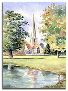 Print of watercolour painting of Shottesbrook Church, by artist Lesley Olver
