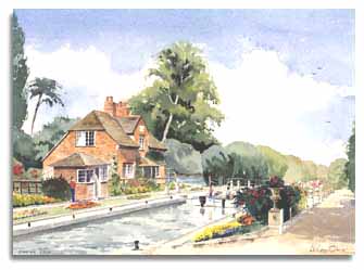 Print of watercolour painting of Sonning Lock, by artist Lesley Olver