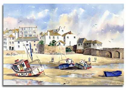 Print of watercolour painting of St Ives, by artist Lesley Olver