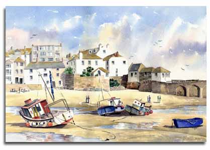 Reproduction d'une aquarelle de St Ives, Cornwall, ralise par l'artiste Lesley Olver