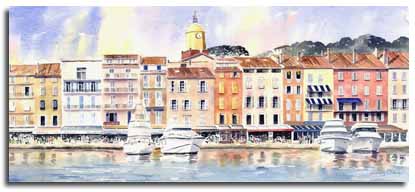 Reproduction d'une aquarelle de St. Tropez, ralise par l'artiste Lesley Olver