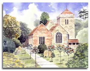 Print of watercolour painting of St Giles' Church, Stoke Poges, by artist Lesley Olver