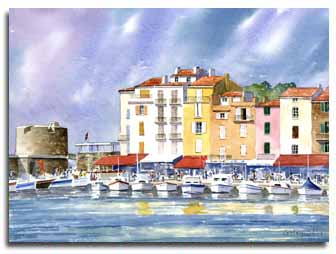 Print of watercolour painting of St Tropez, France, by artist Lesley Olver