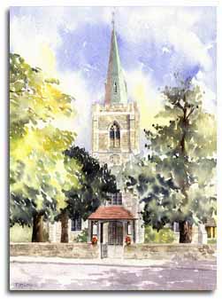 Print of watercolour painting of Taplow Church, by artist Lesley Olver
