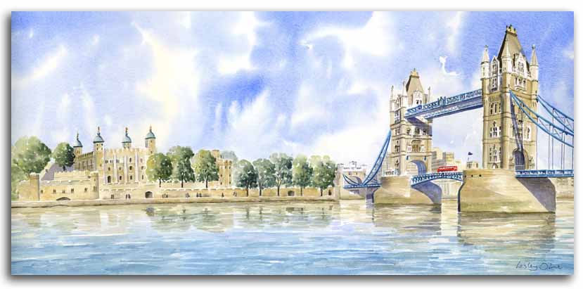 Original watercolour painting of Tower Bridge, by artist Lesley Olver