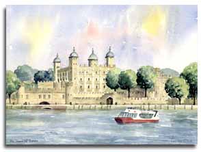 Print of watercolour painting of The Tower of London, by artist Lesley Olver