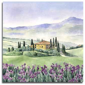 Reproduction d'une aquarelle du paysage toscane, ralise par l'artiste Lesley Olver