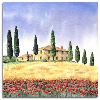 Reproduction d'une aquarelle du paysage toscane, ralise par l'artiste Lesley Olver
