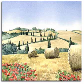 Reproduction d'une aquarelle du paysage toscane, ralise par l'artiste Lesley Olver