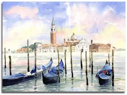 Print of watercolour painting of Venice, by artist Lesley Olver