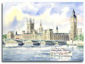 Print of watercolour painting of Westminster, by artist Lesley Olver