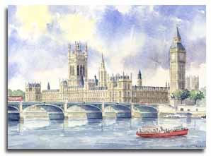 Reproduction d'une aquarelle de Westminster, ralise par l'artiste Lesley Olver