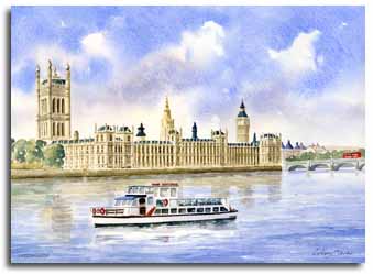 Original watercolour painting of Westminster, by artist Lesley Olver