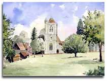 Print of watercolour painting of White Waltham Church, by artist Lesley Olver